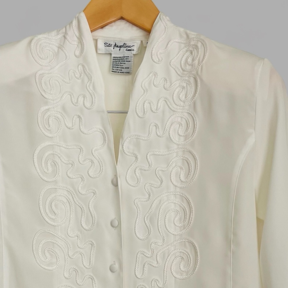 Vintage Semi-Sheer Embroidered Applique Button-Front Long Sleeve Blouse Ivory